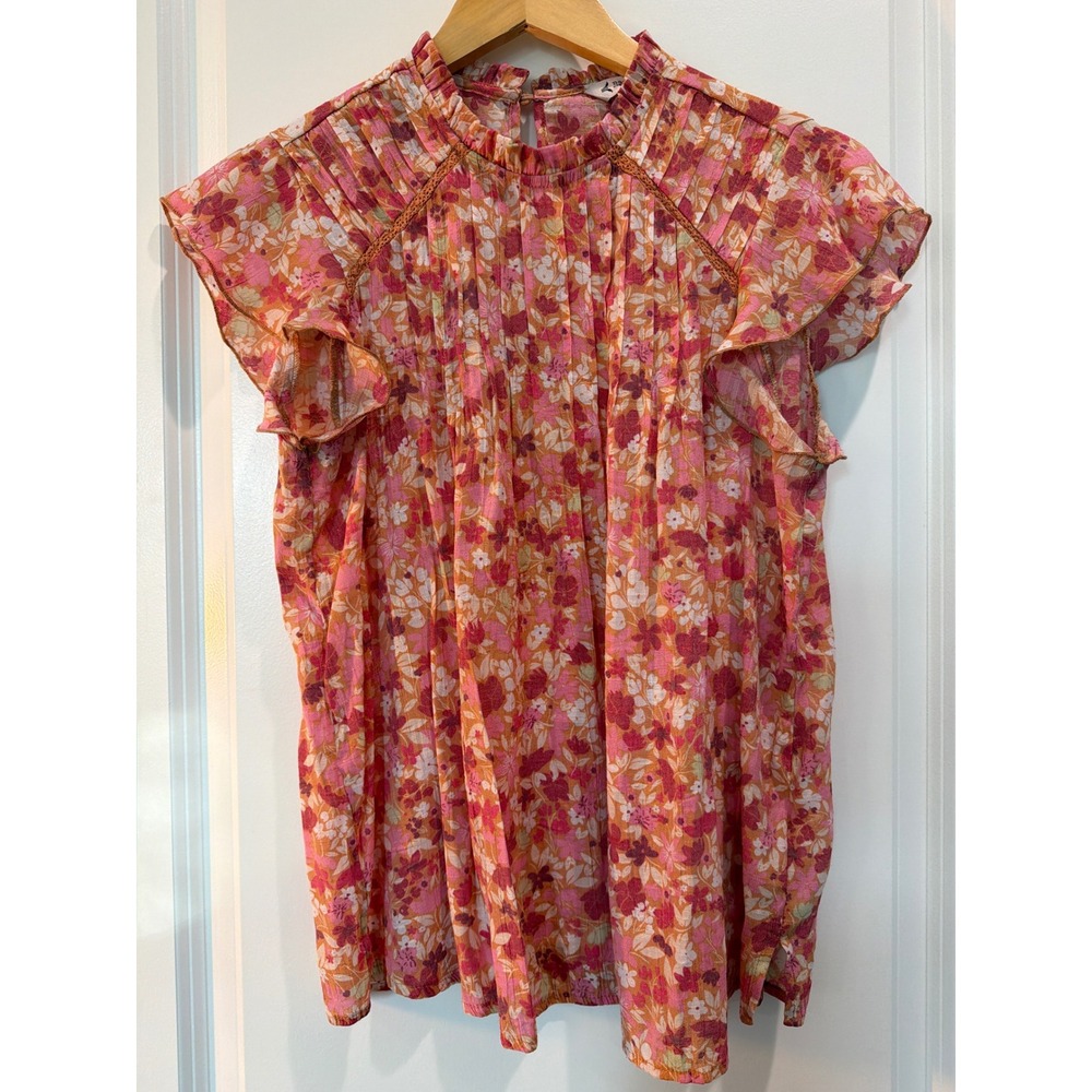 Nanette Nanette Lepore Floral Flutter Sleeve Pleated Blouse Pink Orange Medium